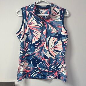 Tail Sleeveless Zip-Front Tank Top in Navy, Pink & White Tropical Leaf Print
